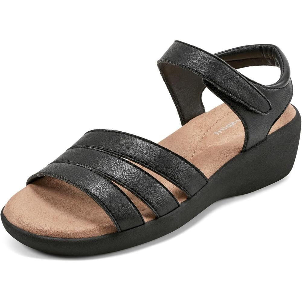 Easy Spirit Women Kenton3 Ankle Strap Wedge Sandals Size 7.5M Black Faux Leather